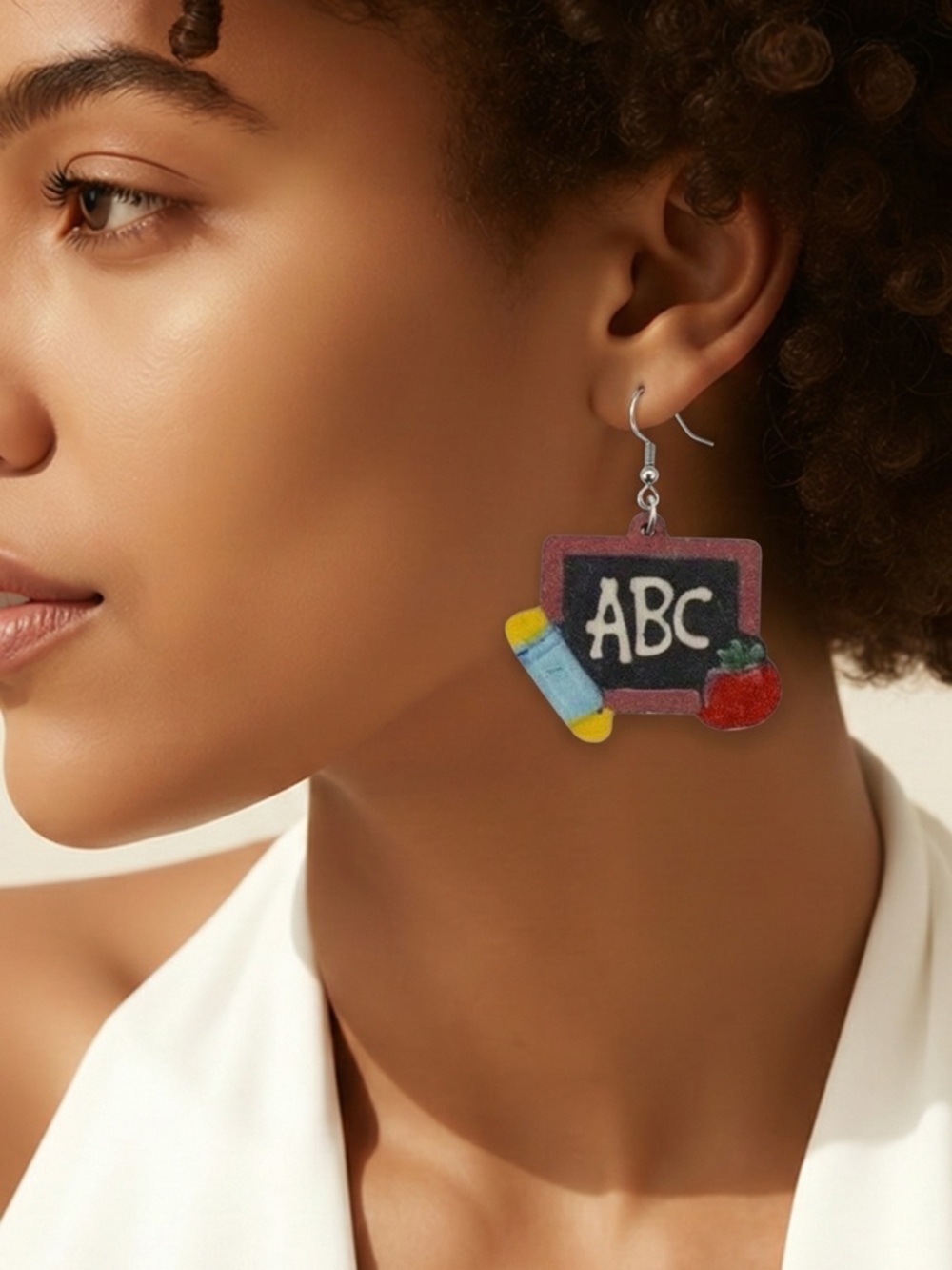 NWT Dangle Earrings Wood Chalk Board ABC Apple Pencil Teacher Education